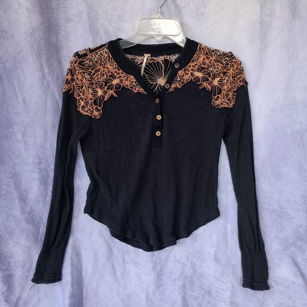 Free People Floral Lace Thermal Top Black Long Sleeve Boho Henley